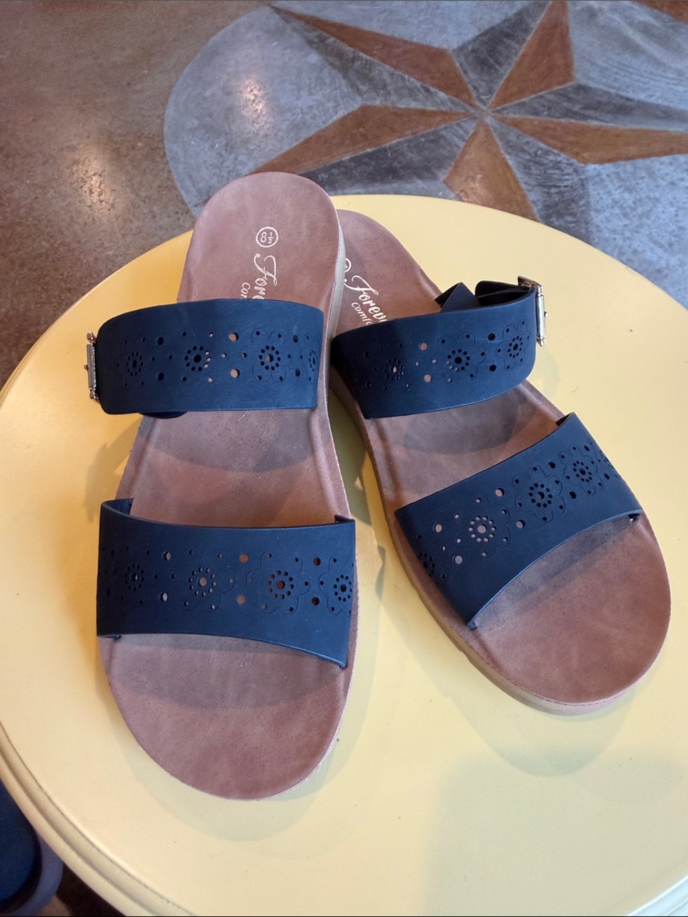 Women's Navy Double-Strap Laser-Cut Slide Sandals